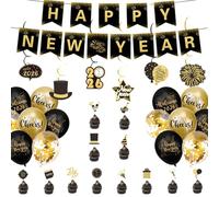 Lot de 5 décorations de fête noires et dorées pour le réveillon du Nouvel An 2026, centres de table, décorations de fête, spirales, cake toppers, bannière, pour famille, maison, boutique