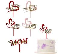 Lot de 5 décorations de gâteau pour la fête des mères - Rouge et doré - En acrylique - Miroir - Décoration de gâteau pour la fête des mères - Fournitures de décoration de fête d'anniversaire