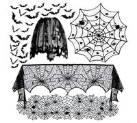 Lot de 5 décorations d'Halloween, nappe en toile d'araignée, abat-jour en toile d'araignée, écharpe de cheminée avec 36 autocollants muraux chauve-souris, pour fête et décoration d'intérieur