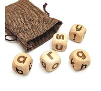 Lot de 5 dés en bois de 20 mm, motif lettre anglaise à 6 faces, dés à rouler gravés avec sac en lin