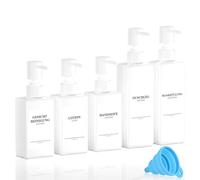 Lot de 5 distributeurs de shampoing réutilisables à remplir - 3 x 300 ML + 2 x 500 ML - Blanc - avec Pompe distributrice, étiquettes et Entonnoir - pour Salle de Bain, Cuisine, Gel Douche