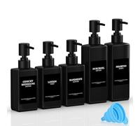 Lot de 5 distributeurs de shampoing réutilisables à remplir - 3 x 300 ML + 2 x 500 ML - Noir - avec Pompe distributrice, étiquettes et Entonnoir - pour Salle de Bain, Cuisine, Gel Douche
