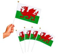 Lot de 5 drapeaux à agiter à la main du Pays de Galles 15 x 21 cm avec mât de 30 cm - Drapeaux double face de dragon gallois pour matchs de football, décorations de jardin, événements de pub et fêtes