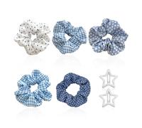 Lot de 5 élastiques à cheveux, 2 barrettes à cheveux avec étoiles, élastiques à carreaux et bleus, en soie, moelleuses et mignonnes pour femmes et filles