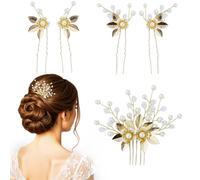 Lot de 5 épingles à cheveux de mariée - Feuilles dorées - Perles en cristal - Vintage - Accessoires de cheveux de mariage - Bijoux avec strass - Pour mariée, demoiselle d'honneur, demoiselle d'honneur