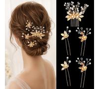 Lot de 5 épingles à cheveux en forme de feuille d'or pour mariage, cristal | Pinces à cheveux dorées avec perles florales, pinces à cheveux de mariée, accessoires de cheveux dorés, demoiselles d'honneur