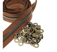 Lot de 5 fermetures éclair en nylon métallique - Ruban marron en vrac - 9,1 m avec 25 curseurs en laiton antique - Fermeture éclair à dents métalliques pour couture, travaux manuels, sacs, sacs à main
