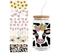 Lot de 5 feuilles d'autocollants de transfert - Motif papillon et fleurs - Pour tasse en verre de 454 ml - UV DTF - Autocollants esthétiques pour tasses en verre à café - Transparent