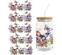 Lot de 5 feuilles d'autocollants de transfert UV DTF - Pour tasse de café en verre - Style papillon et fleurs - Pour gobelet en verre de 400 ml - Transparent