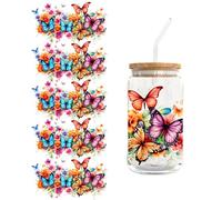 Lot de 5 feuilles d'autocollants de transfert UV DTF - Pour tasse de café en verre - Style papillon et fleurs - Pour gobelet en verre de 400 ml - Transparent