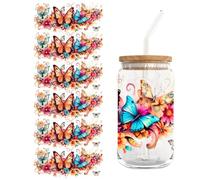 Lot de 5 feuilles d'autocollants de transfert UV DTF - Pour tasse de café en verre - Style papillon et fleurs - Pour gobelet en verre de 400 ml - Transparent