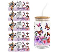 Lot de 5 feuilles d'autocollants de transfert UV DTF - Pour tasse de café en verre - Style papillon et fleurs - Pour gobelet en verre de 400 ml - Transparent