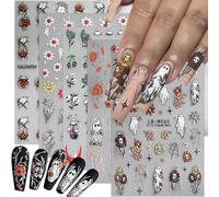 Lot de 5 feuilles d'autocollants en relief pour ongles d'Halloween - Motifs de fantômes mignons - Toile d'araignée - Crâne - Motifs floraux - Décoration d'ongles pour femmes - Manucure de vacances