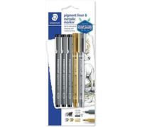 Lot De 5 Feutres Staedtler Pigment Liner Et Metallic Marker Assortiment Couleurs Et Pointes