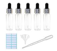 Lot de 5 flacons compte-gouttes en plastique transparent de 20 ml pour pipette d'huile essentielle rechargeable - avec pipette mesurée, entonnoir et étiquettes (noir + bouchon argenté)
