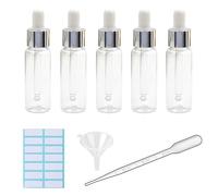 Lot de 5 flacons compte-gouttes en plastique transparent de 20 ml pour pipette d'huile essentielle, rechargeable, avec pipette mesurée, entonnoir et étiquettes (blanc + bouchon argenté)