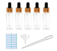 Lot de 5 flacons compte-gouttes en plastique transparent de 20 ml pour pipette d'huile essentielle rechargeable - avec pipette mesurée, entonnoir et étiquettes (noir + bouchon doré)