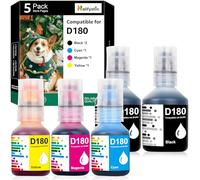 Lot de 5 flacons de recharge d'encre compatibles D180 pour imprimantes Brother BTD180 BTD180BK BTD180CLVAL - Compatibles avec les imprimantes Brother DCP-T580DW DCP-T583DW DCP-T780DW (lot de 5, 2BK 1C
