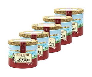 Lot de 5 fleurs de sel en dose de 125 g (Kristallsalz) - Aus leicht feuchten Kristallen mit besonderer Körnung und Aroma - Premium Meersalz aus (Süd-Frankreich/Mittelmeer)