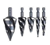 Lot de 5 forets étagés permanents en acier rapide avec dimensions royales et 4 cannelures assurant une exécution constante des divisions d'étape de perçage