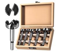 Lot de 5 Forets Forstner HSS 15-35mm, Pour Charnières 35mm et Travail du Bois, Trous Plats sans Éclats, avec Coffret de Rangement en Bois