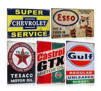 Lot de 5 Garage Plaque Metal Vintage Decoration - Atelier Panneau Pancarte Deco Murale - Retro Américaine Voiture Gas Station Cave Publicitaire 20x30cm (SET E)