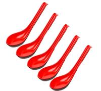 Lot de 5 grandes cuillères à soupe en plastique rouge et noir avec long manche pour nouilles chinoises Won Ton