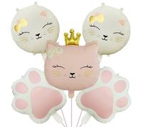 Lot de 5 grands ballons en aluminium avec motif couronne de chat style INS avec ballons crème de 43,2 cm et empreintes de pattes roses pour fête d'anniversaire, fête prénatale sur le thème des chats