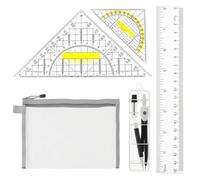 Lot de 5 Kit géométrique complet avec grand et petit équerres, règle 20 cm, compas noir et pochette grise - Idéal pour les mesures d'angle et de longueur, outils techniques pour dessin et modélisation