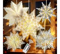 Lot de 5 lanternes de Noël en papier flocon de neige avec lumière LED - Grande lanterne de Noël en forme d'étoile en papier blanc argenté à suspendre pour Noël, vacances, mariage, fête d'anniversaire