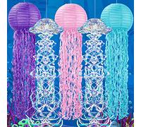 Lot de 5 lanternes en papier holographiques en forme de méduse en nid d'abeille - Rose, violet, bleu - Lanterne à suspendre pour fête d'anniversaire, fête prénatale, salle de classe
