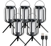Lot de 5 lanternes solaires d'extérieur avec 4 modes, flamme vacillante étanche, avec trépied, capteur marche/arrêt automatique, pour jardin et cour