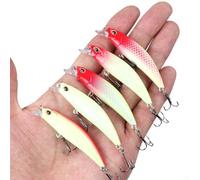 Lot de 5 leurres de pêche lumineux pour bar, maquereau espagnol, saumon et plus encore, équipé de crochets en métal, matériau ABS, conçu pour une utilisation en eau trouble et faible luminosité