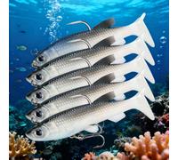 Lot de 5 leurres de pêche souples Shad Minnow Swimbaits pré-riggés, têtes plombées, appâts de natation pour homme en eau salée et eau douce