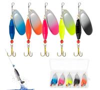 Lot de 5 leurres rotatifs en métal avec paillettes - Utilisation en eau salée et douce, basse, bateau, étang, truite, rivière et ruisseau