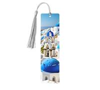 Lot de 5 marque-pages artistiques avec motif vue sur la mer sur l'île grecque pour femme, pompons en bois, fournitures d'étude