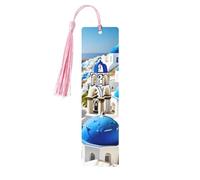 Lot de 5 marque-pages artistiques avec motif vue sur la mer sur l'île grecque pour femme, pompons en bois, fournitures d'étude