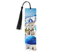 Lot de 5 marque-pages artistiques avec motif vue sur la mer sur l'île grecque pour femme, pompons en bois, fournitures d'étude