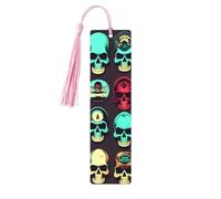 Lot de 5 marque-pages artistiques rétro avec motif tête de mort pour femme, pompons en bois, fournitures d'étude