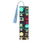 Lot de 5 marque-pages artistiques rétro avec motif tête de mort pour femme, pompons en bois, fournitures d'étude