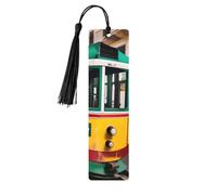 Lot de 5 marque-pages en bois à motif de tramway de Lisbonne avec pompons, fournitures d'étude uniques cadeaux pour lecteurs
