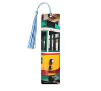 Lot de 5 marque-pages en bois à motif de tramway de Lisbonne avec pompons, fournitures d'étude uniques cadeaux pour lecteurs