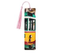 Lot de 5 marque-pages en bois à motif de tramway de Lisbonne avec pompons, fournitures d'étude uniques cadeaux pour lecteurs