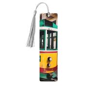 Lot de 5 marque-pages en bois à motif de tramway de Lisbonne avec pompons, fournitures d'étude uniques cadeaux pour lecteurs