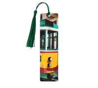 Lot de 5 marque-pages en bois à motif de tramway de Lisbonne avec pompons, fournitures d'étude uniques cadeaux pour lecteurs