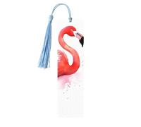 Lot de 5 marque-pages en bois aquarelle flamant rose faits à la main avec pompons bleu ciel - Cadeau pour les amateurs de livres, femmes et hommes