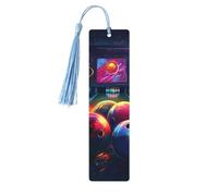 Lot de 5 marque-pages en bois avec boules de bowling imprimées recto-verso avec pompons bleu ciel, accessoires de livre, cadeau pour les amateurs de livres, femmes et hommes