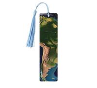 Lot de 5 marque-pages en bois avec image satellite d'Amérique du Sud, faits à la main, imprimés double face, avec pompons bleu ciel, accessoires de livre, cadeau pour les amateurs de livres, femmes et
