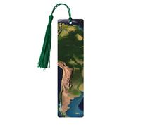 Lot de 5 marque-pages en bois avec image satellite d'Amérique du Sud, faits à la main, imprimés double face, avec pompons vert foncé, accessoires de livre, cadeau pour les amateurs de livres, femmes