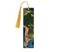 Lot de 5 marque-pages en bois avec image satellite d'Amérique du Sud, faits à la main, imprimés double face, avec pompons dorés, accessoires de livre, cadeau pour les amateurs de livres, femmes et